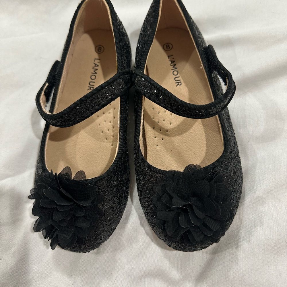 L'Amour Black Sparkle Flower Mary Jane Dress Shoes